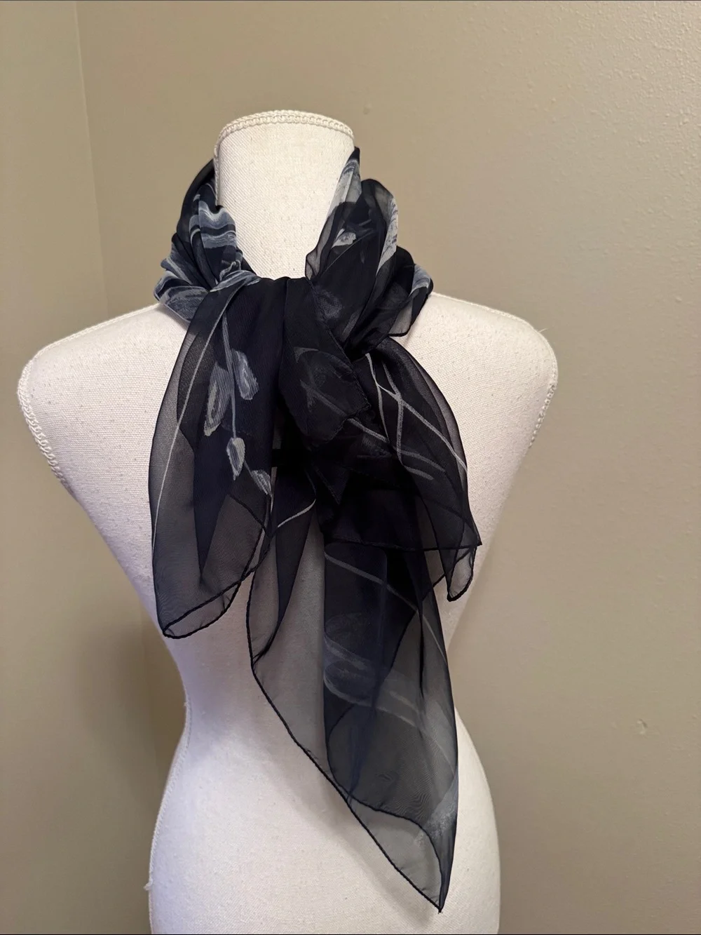 Navy Blue Sheer Scarf with White Abstract Floral Brushstrokes